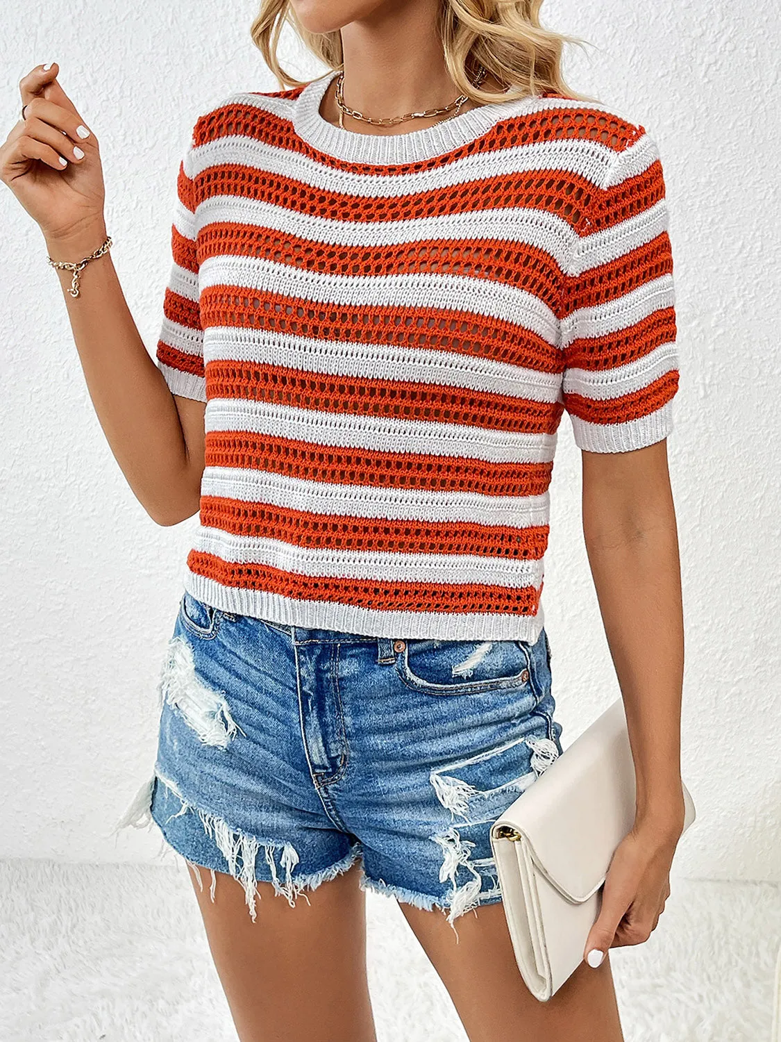 TEEK - Mesh Striped Short Sleeve Knit Top