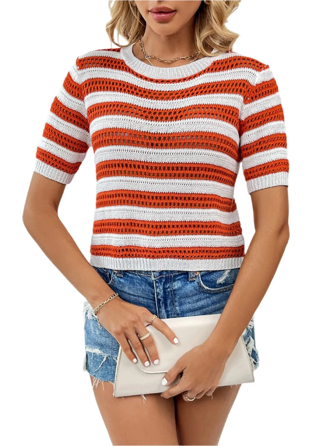 TEEK - Mesh Striped Short Sleeve Knit Top