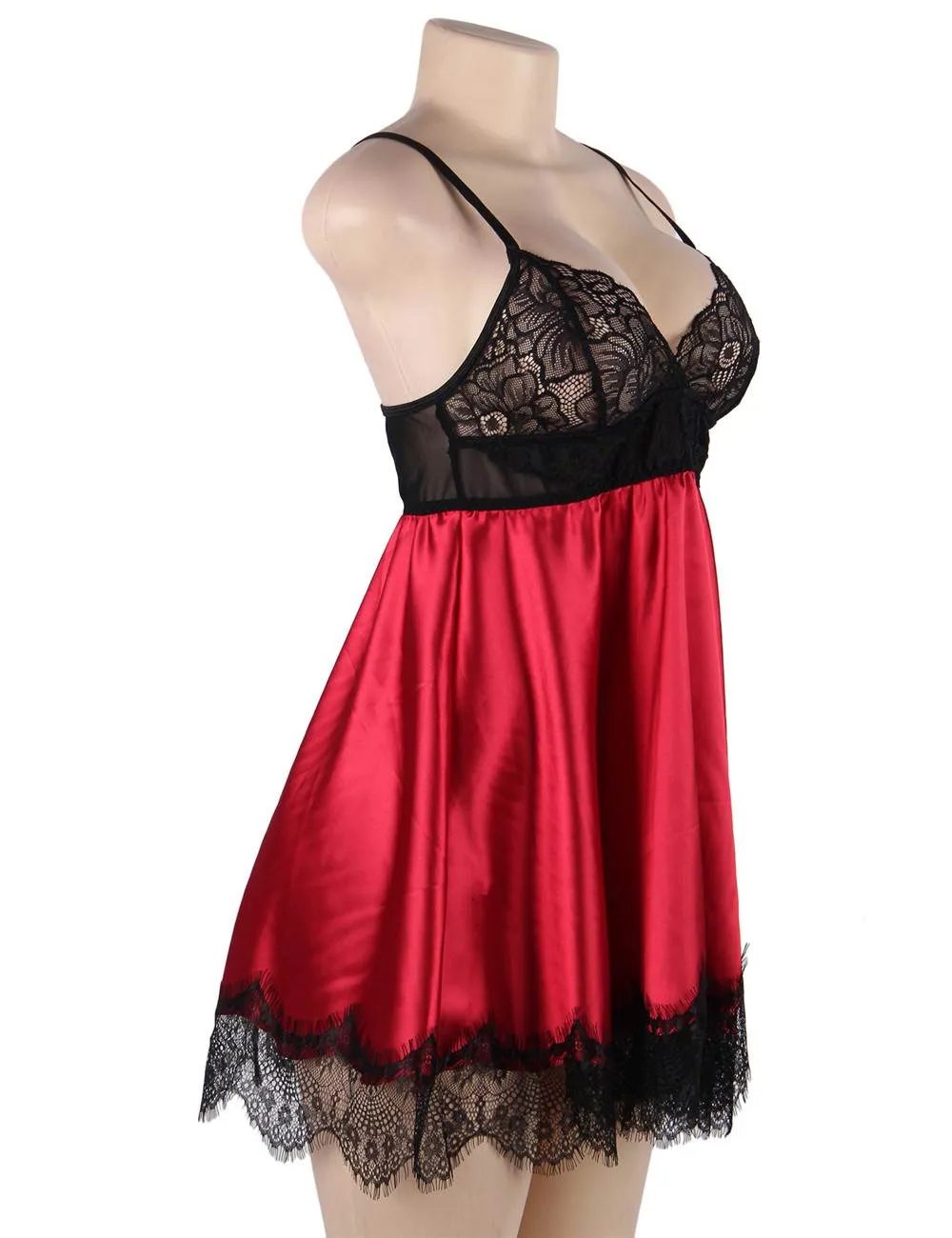 The R809 Eyelash Plus Size Satin Feel Babydoll with Lace Blindfold