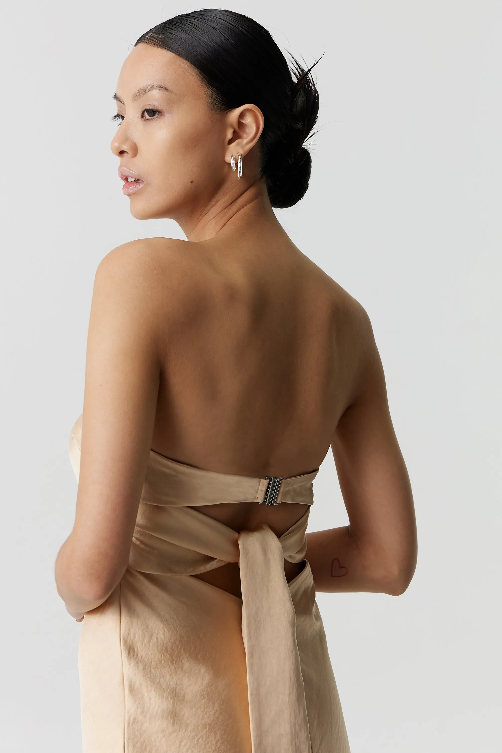 Third Form Satin Tie Back Strapless Midi Dress - Sand