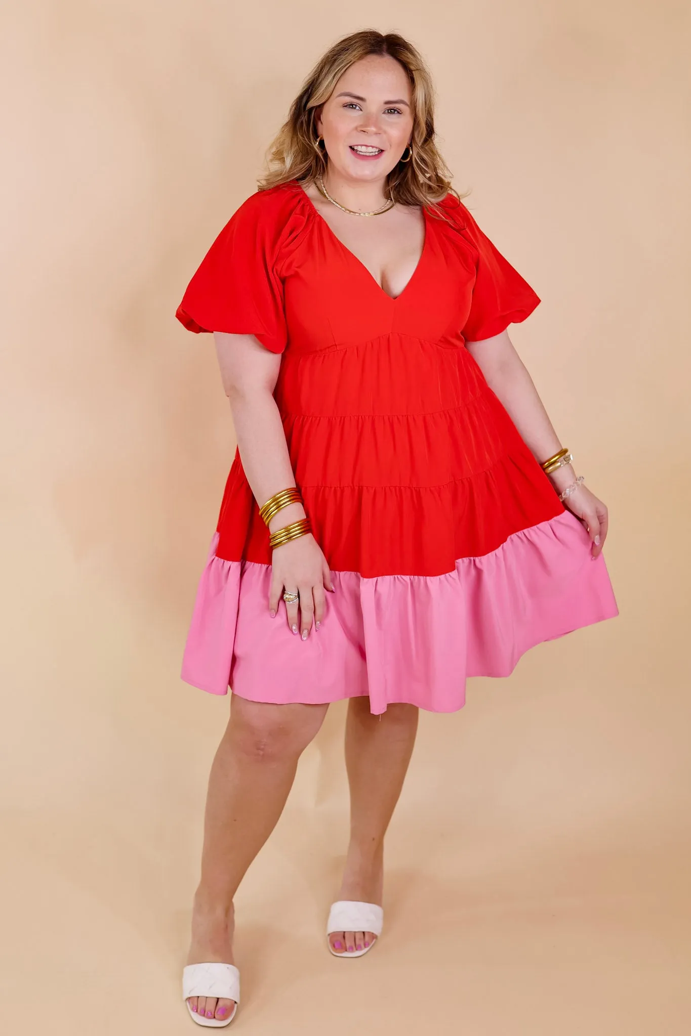 Trendy City Puff Sleeve Tiered Dress with Pink Hemline in Red