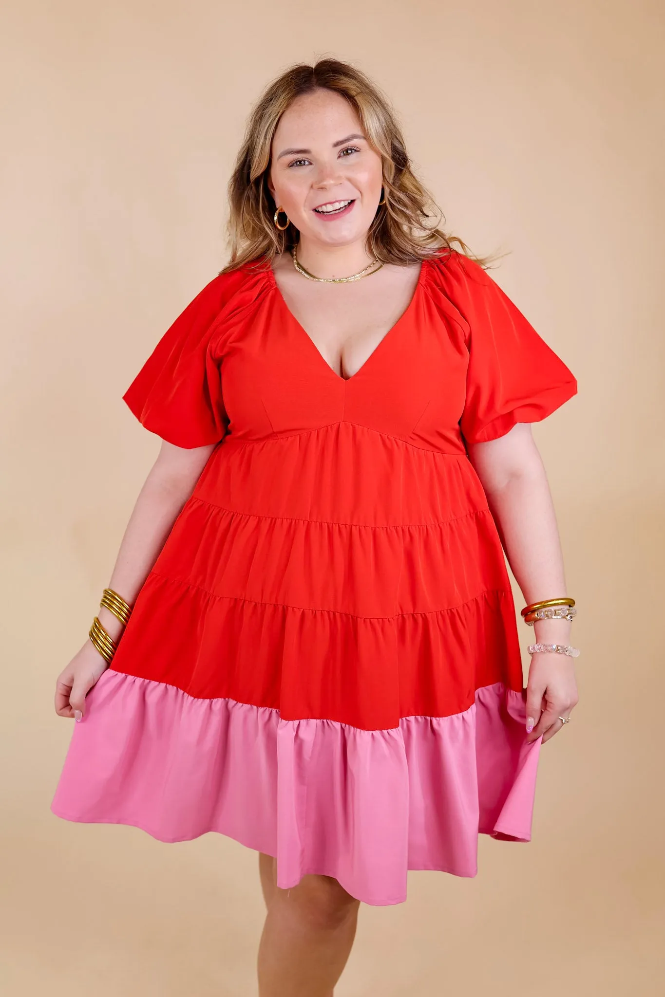 Trendy City Puff Sleeve Tiered Dress with Pink Hemline in Red