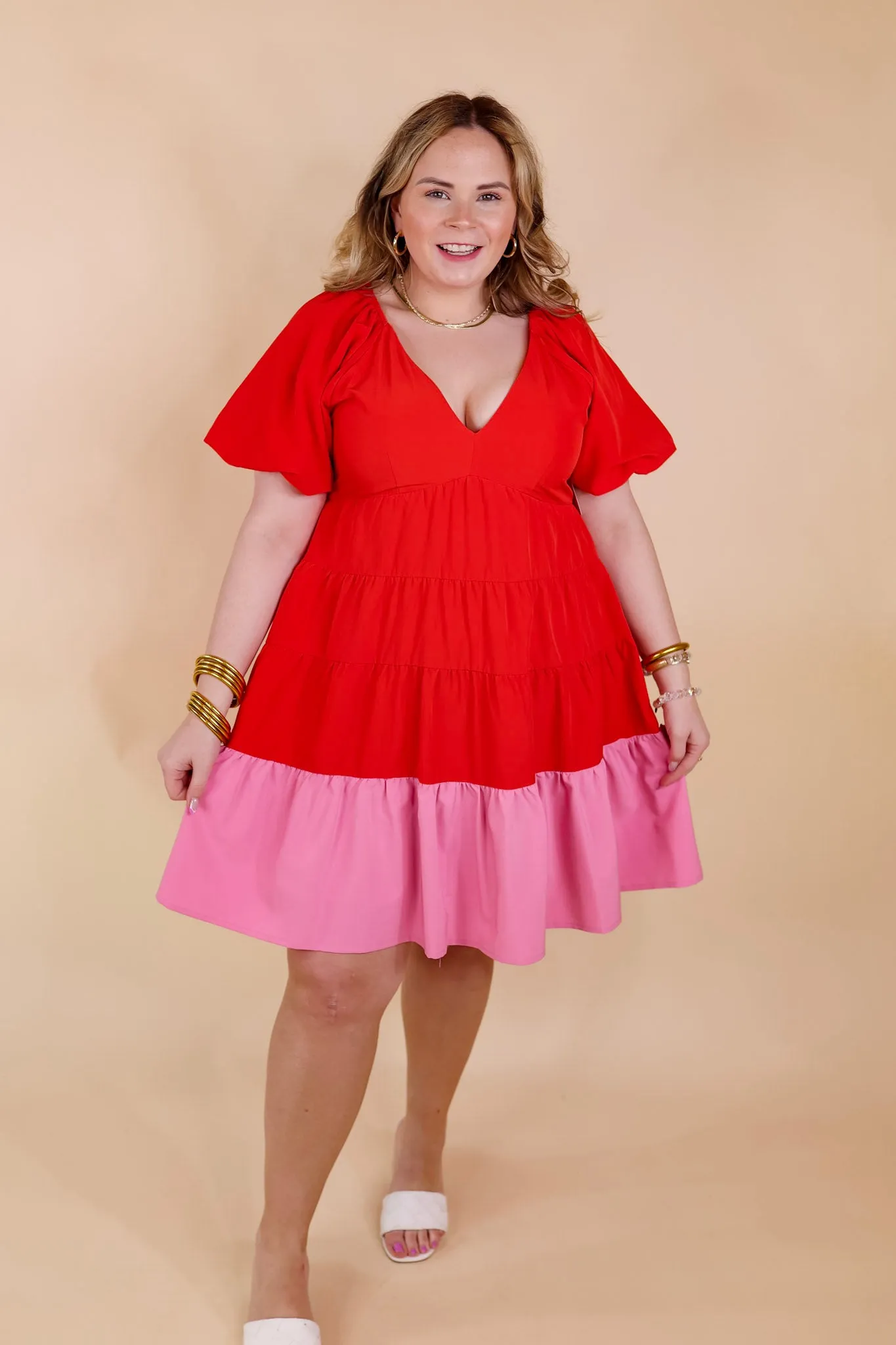 Trendy City Puff Sleeve Tiered Dress with Pink Hemline in Red