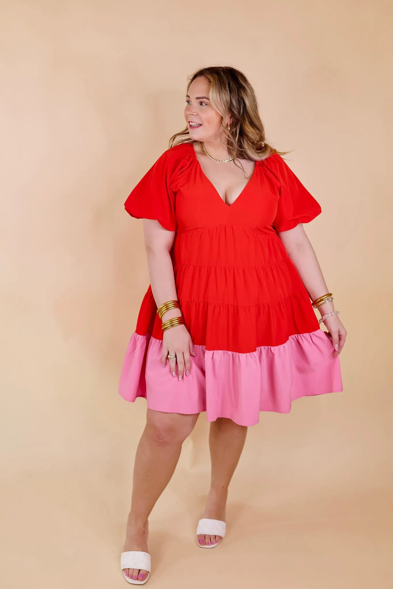 Trendy City Puff Sleeve Tiered Dress with Pink Hemline in Red