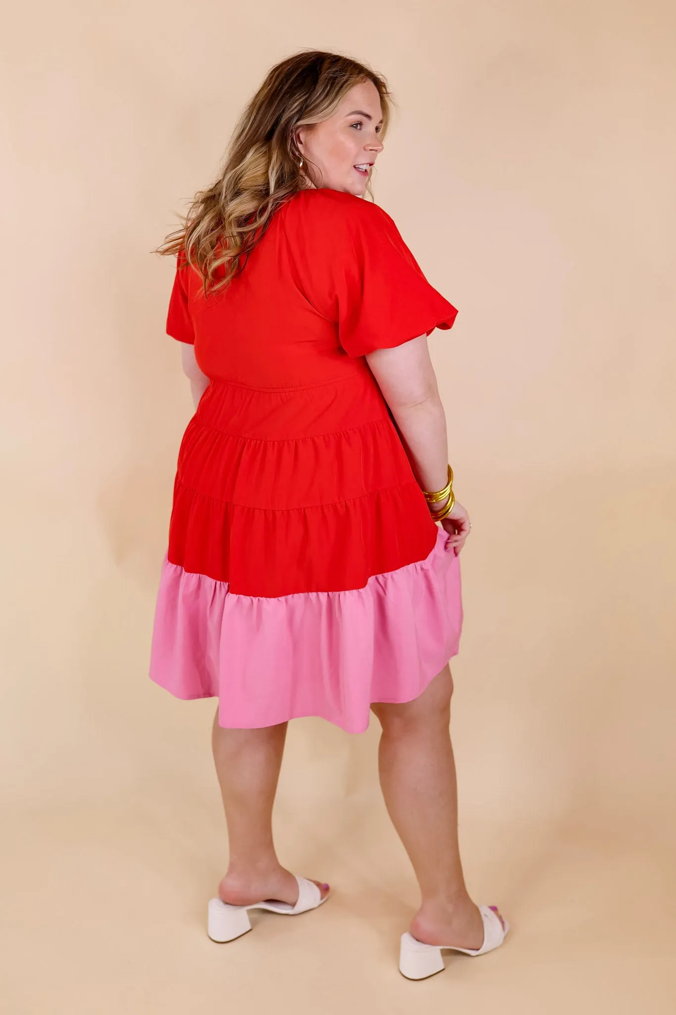 Trendy City Puff Sleeve Tiered Dress with Pink Hemline in Red