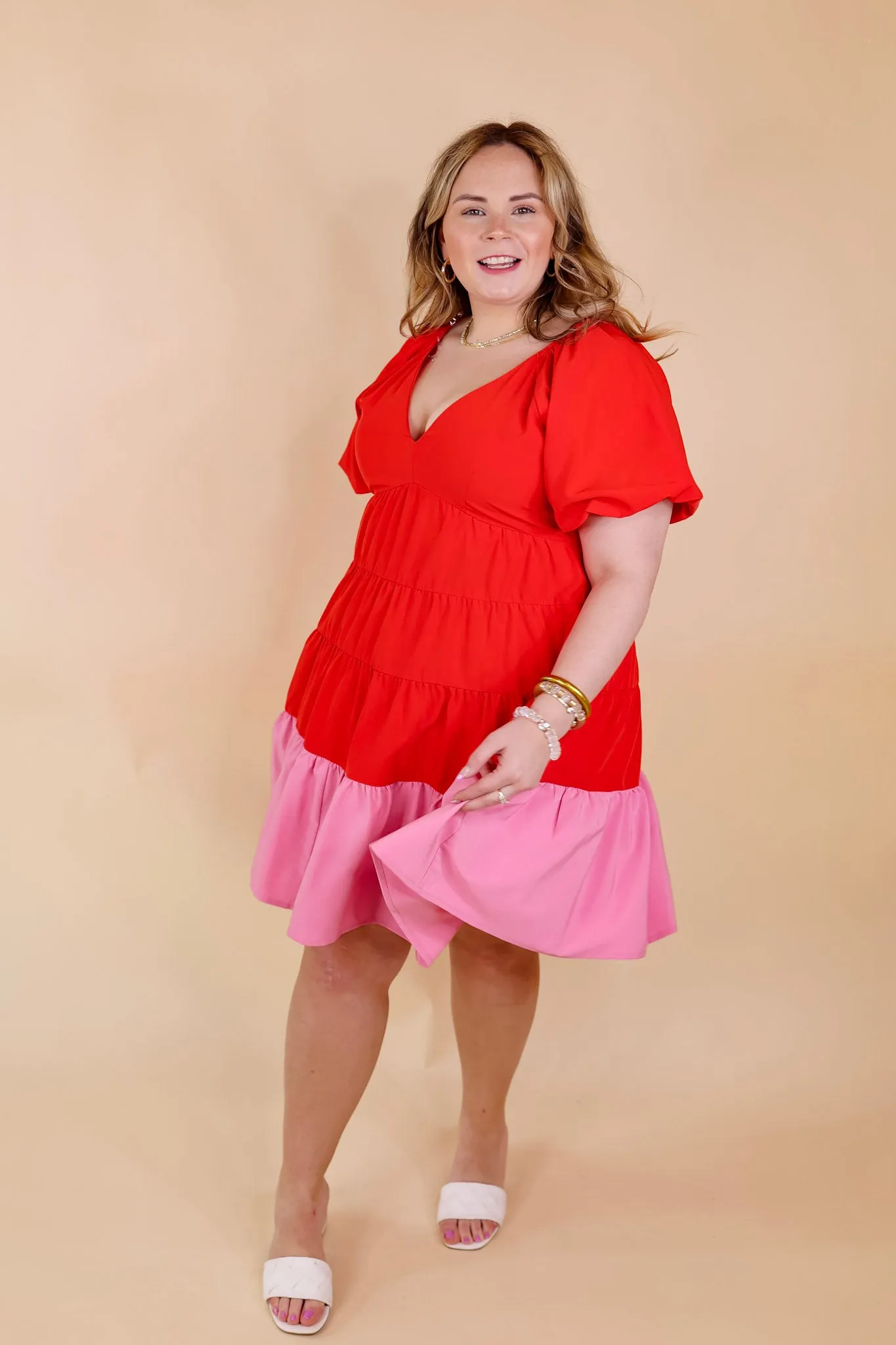 Trendy City Puff Sleeve Tiered Dress with Pink Hemline in Red