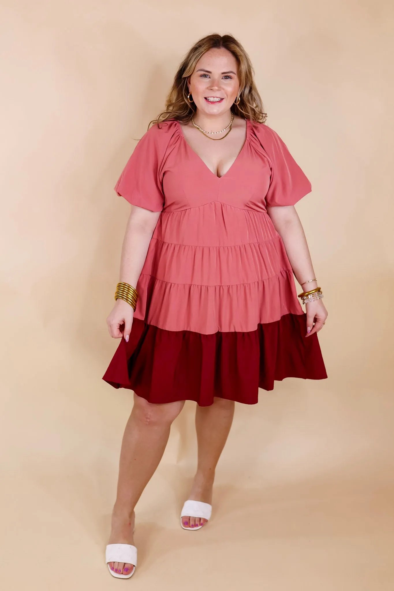 Trendy City Puff Sleeve Tiered Dress with Pink Hemline in Rose Pink