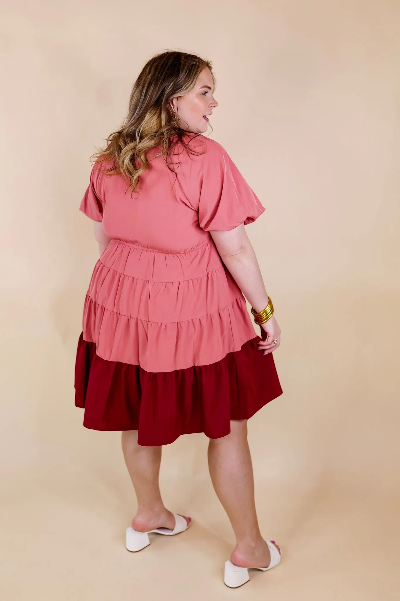 Trendy City Puff Sleeve Tiered Dress with Pink Hemline in Rose Pink