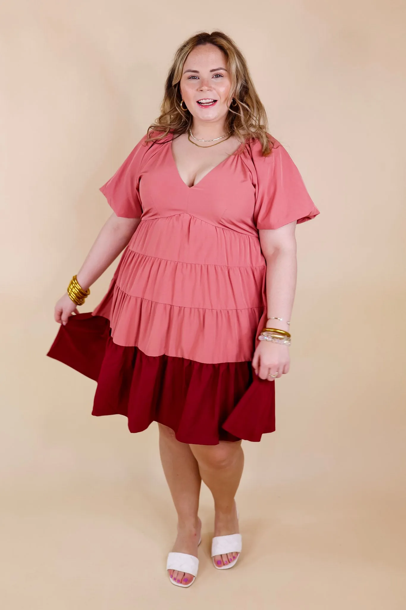 Trendy City Puff Sleeve Tiered Dress with Pink Hemline in Rose Pink