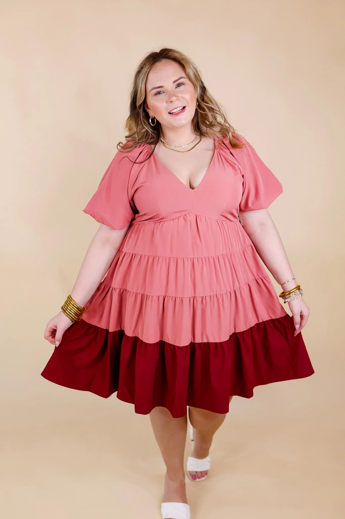 Trendy City Puff Sleeve Tiered Dress with Pink Hemline in Rose Pink