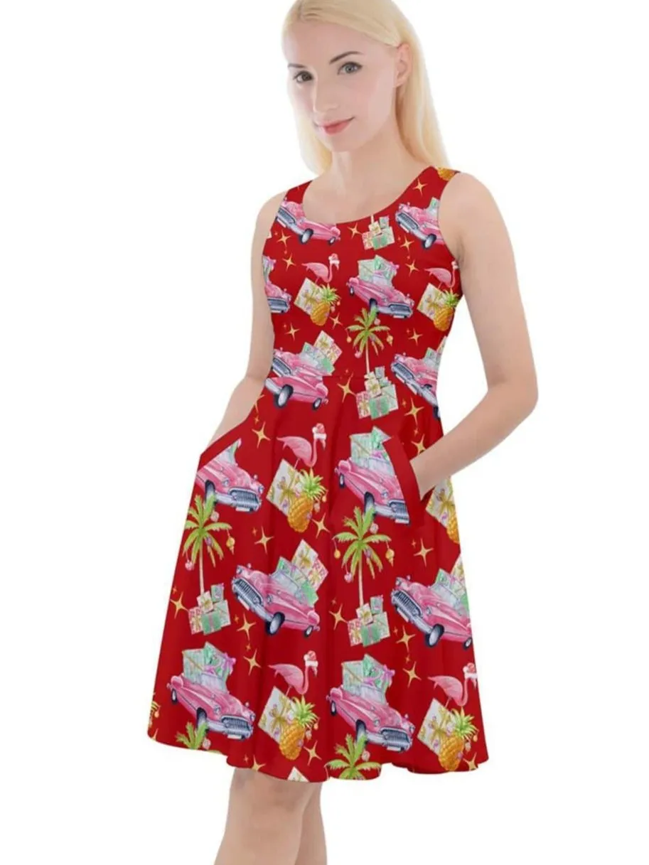 Tropical Christmas Knee Length Skater Dress With Pockets