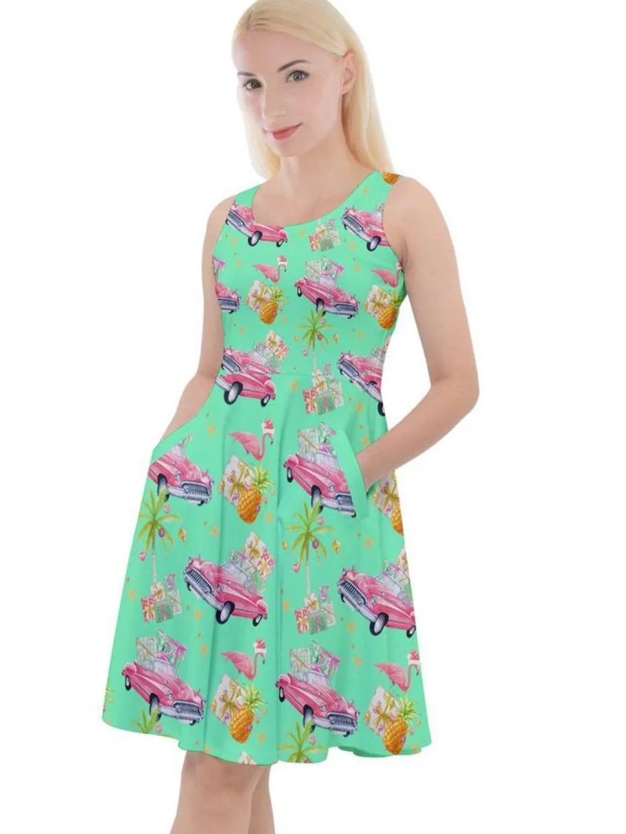 Tropical Christmas Knee Length Skater Dress With Pockets