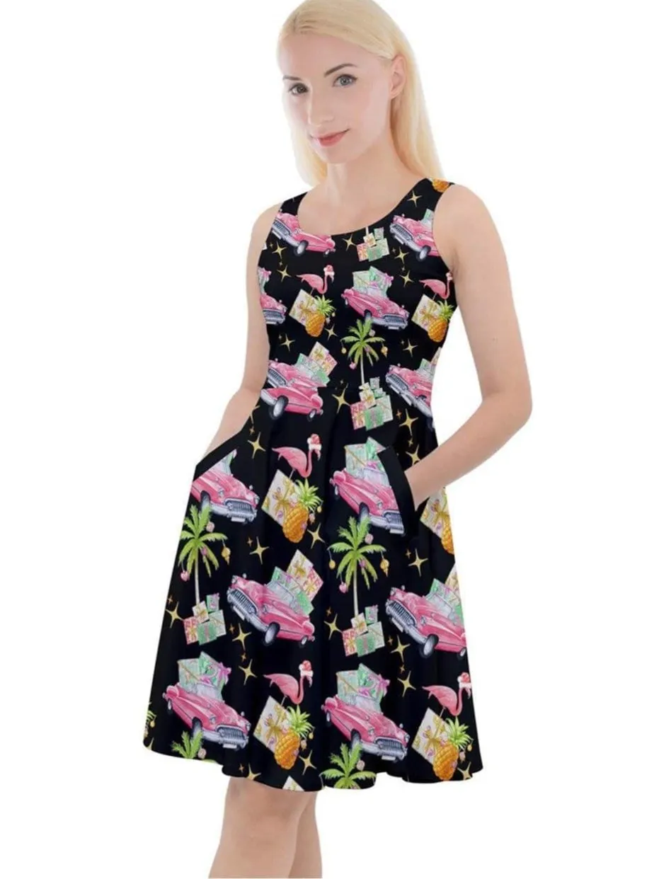 Tropical Christmas Knee Length Skater Dress With Pockets