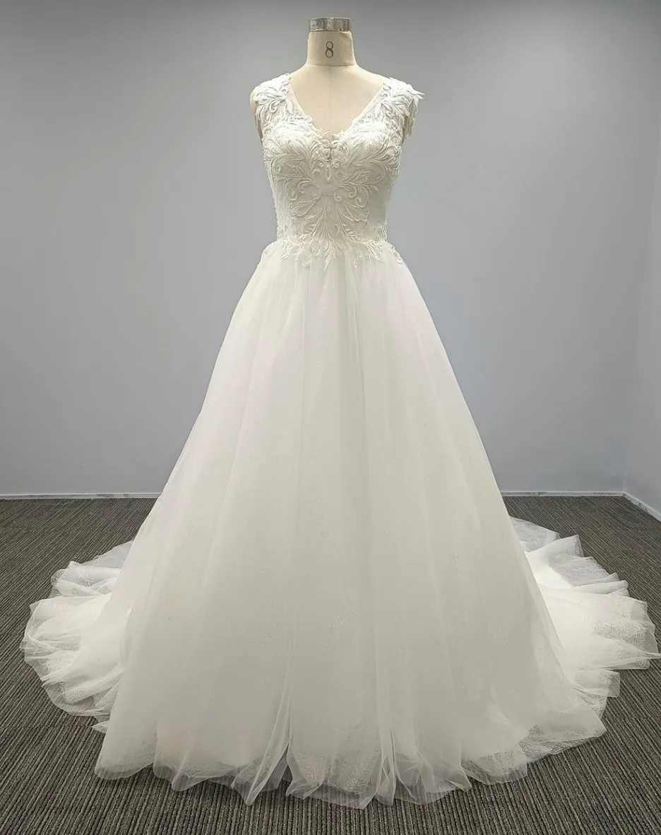 Tulle Lace V Neck A Line Wedding Bridal Gown