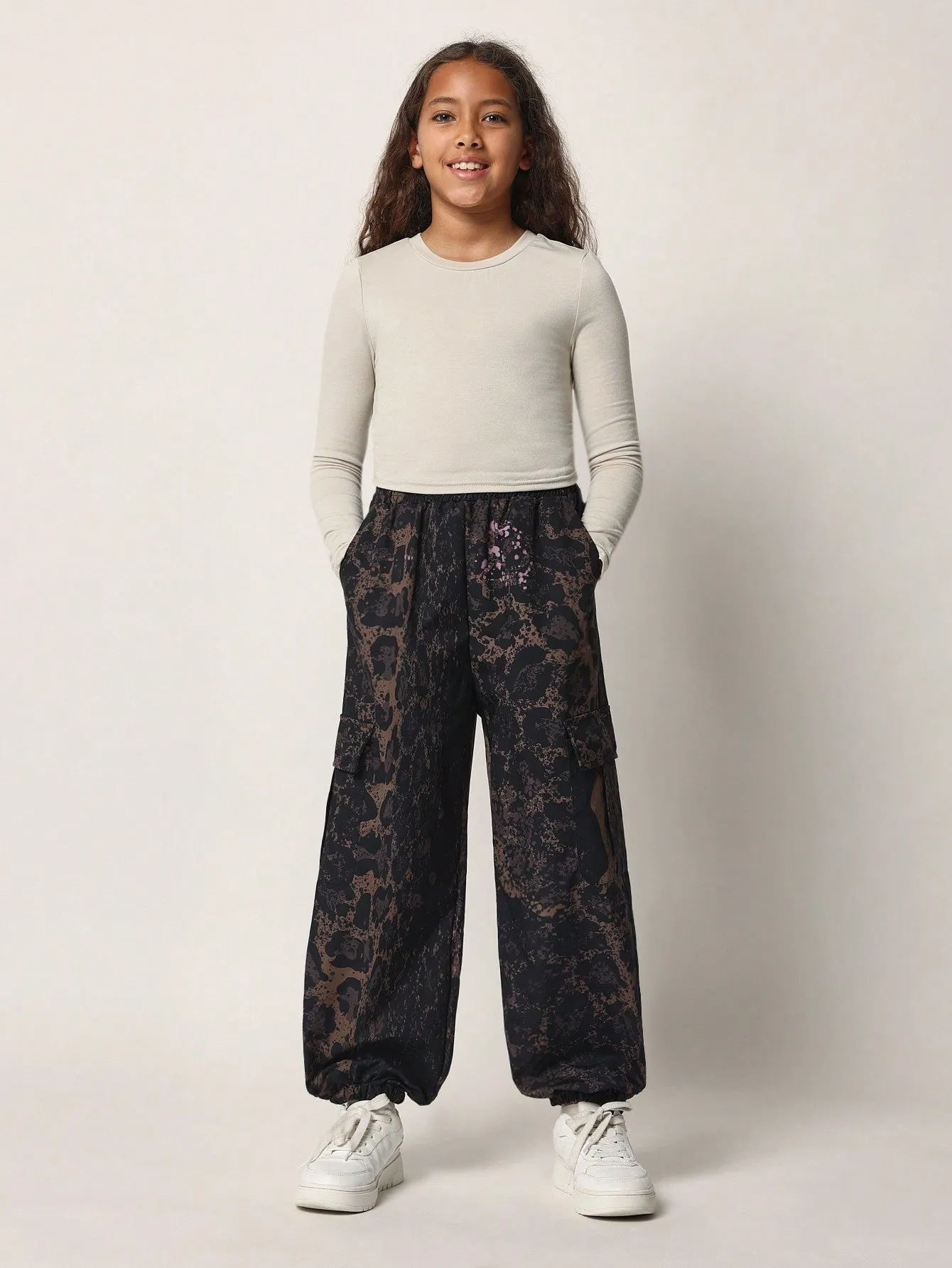 Tween Girls Comfy Rib Long Sleeve Tee And Leopard Printed Cargo Pant 2 Piece Set