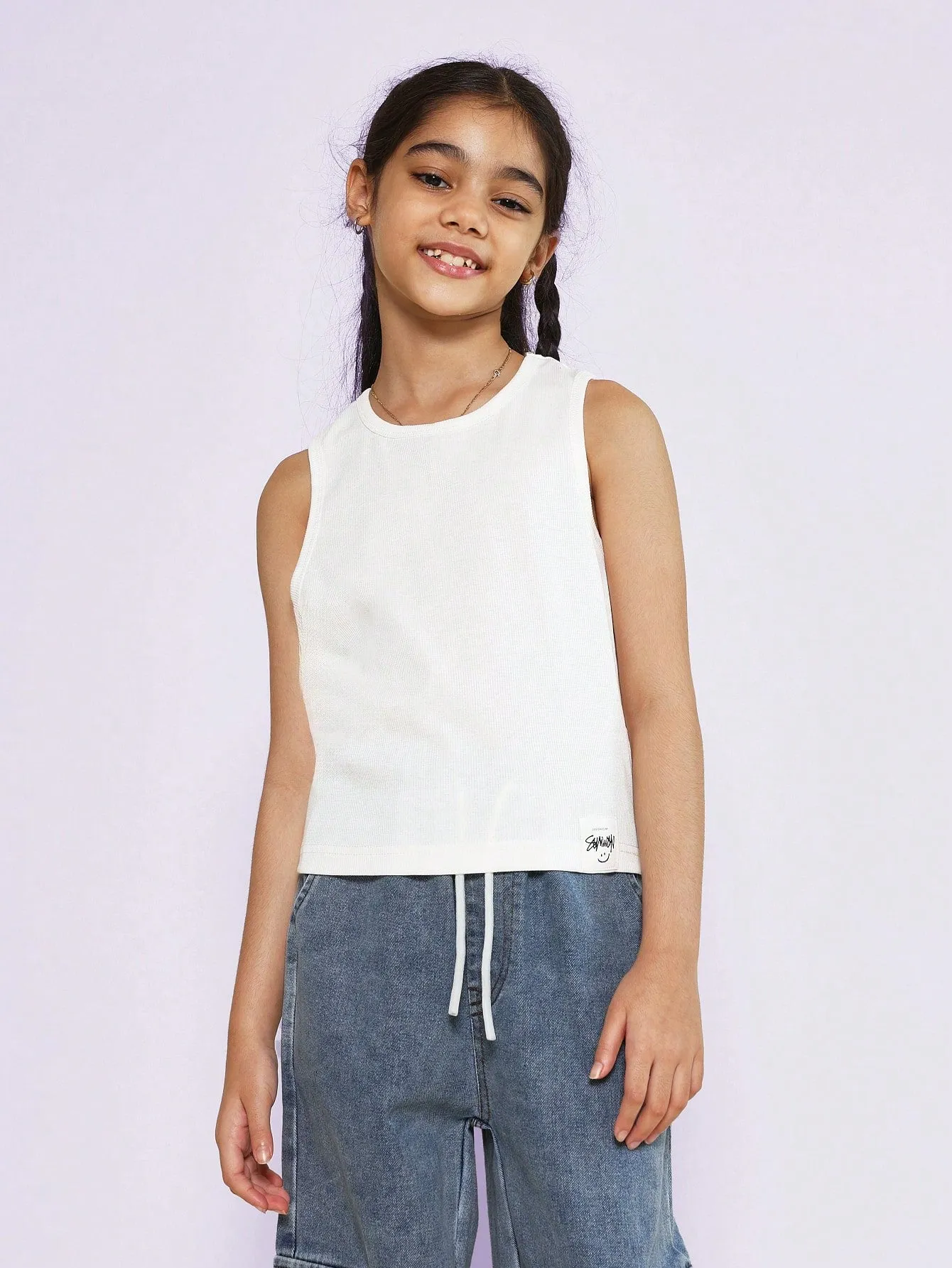 Tween Girls Sleeveless Tank Top And Straight Fit Washed Cargo Pant 2 Piece Set