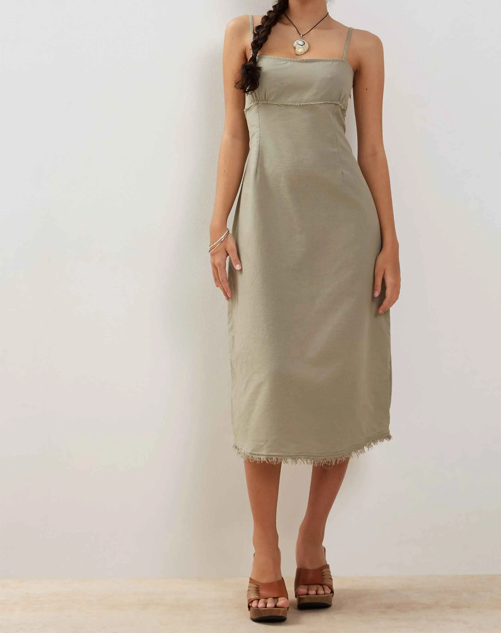 Una Distressed Hem Midi Slip Dress in Slate Green Linen