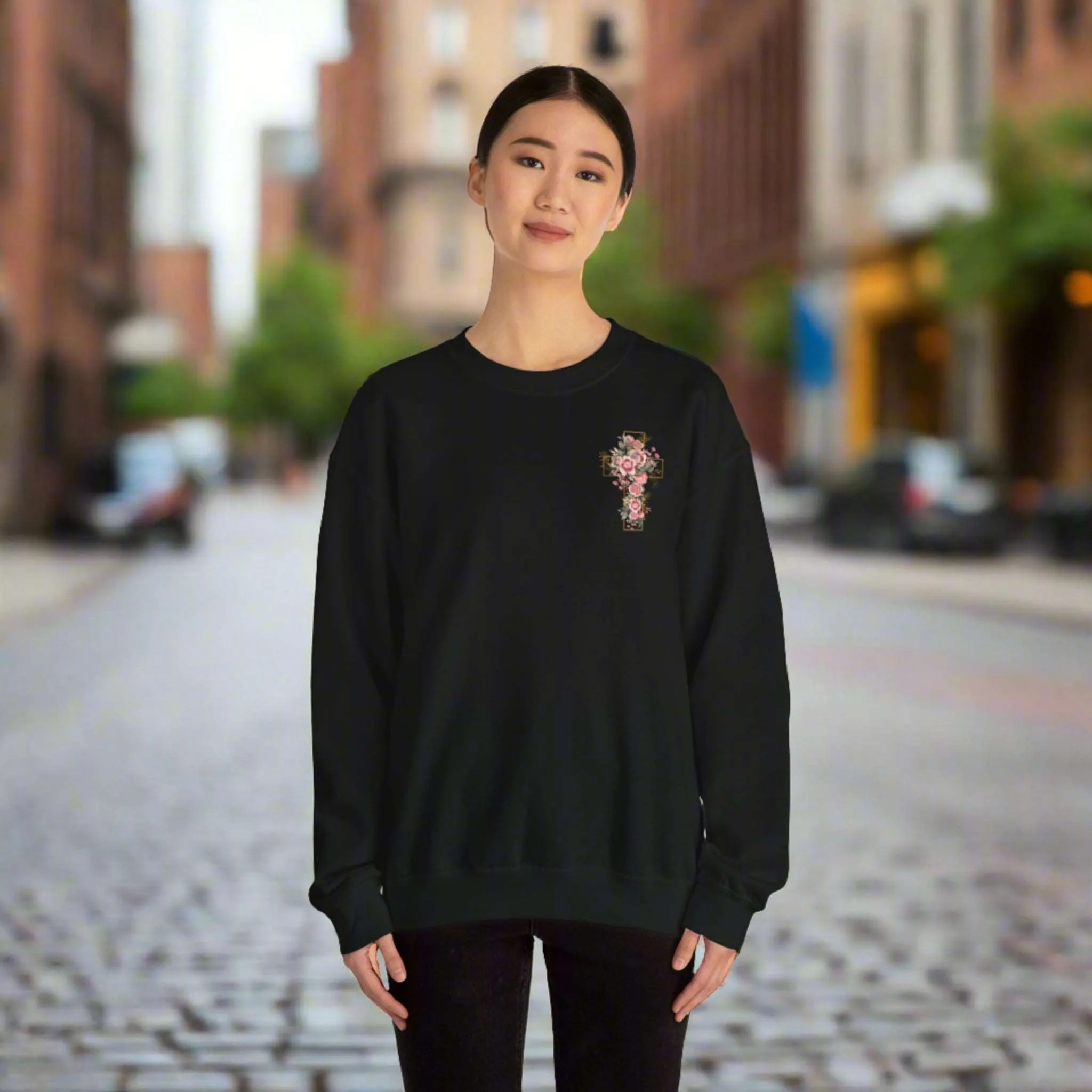 Unisex Blooming Flower Cross Heavy Blend Crewneck Sweatshirt