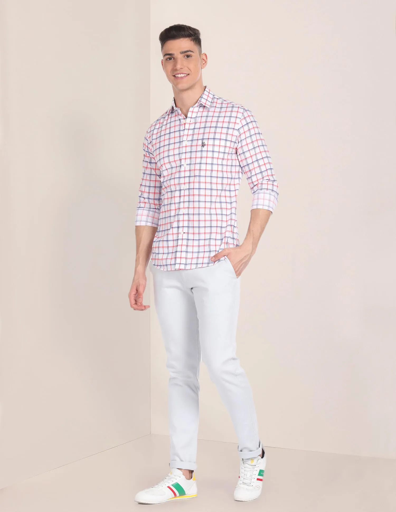 U.S. POLO ASSN. Men's Checkered Regular Fit Shirt (USSHTFX220_White