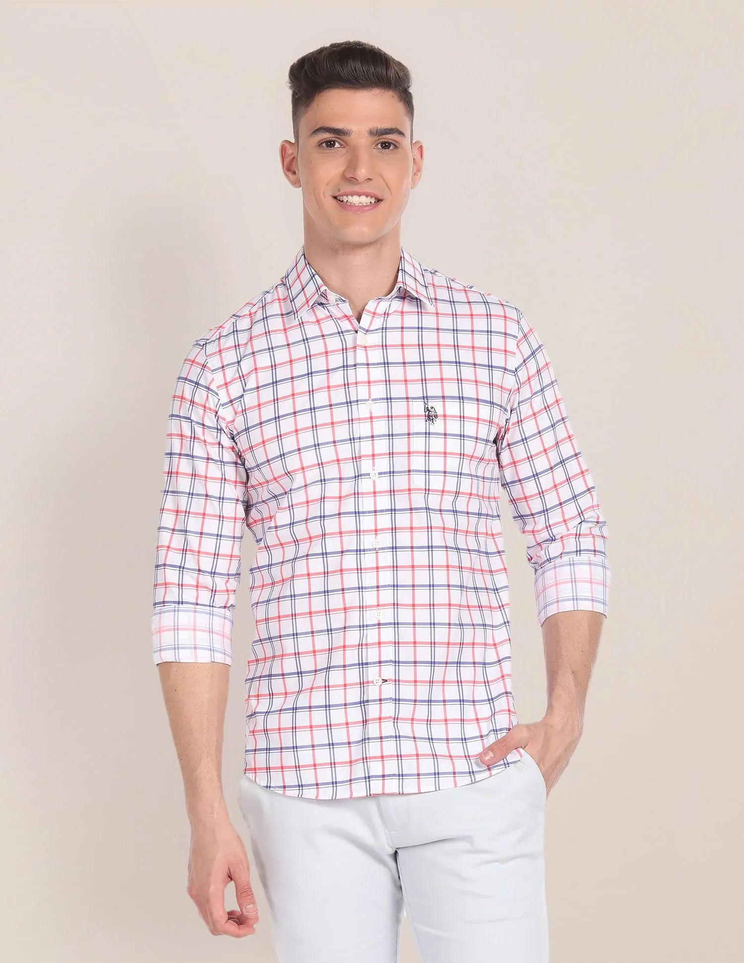 U.S. POLO ASSN. Men's Checkered Regular Fit Shirt (USSHTFX220_White