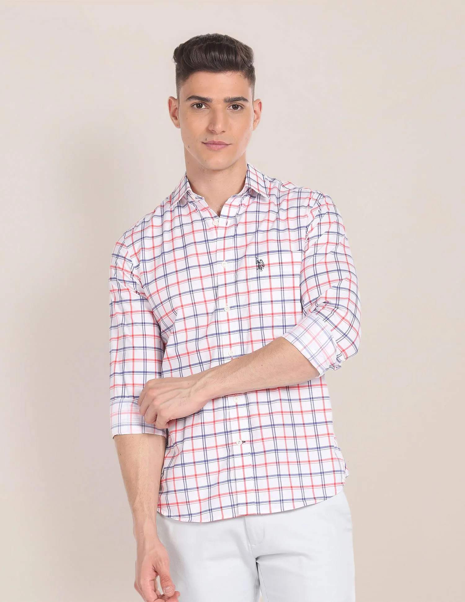 U.S. POLO ASSN. Men's Checkered Regular Fit Shirt (USSHTFX220_White