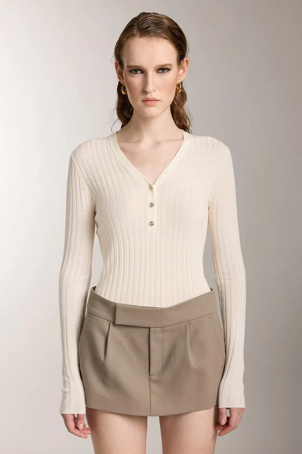 V-Neck Wool Knit Top With Crystal Buttons