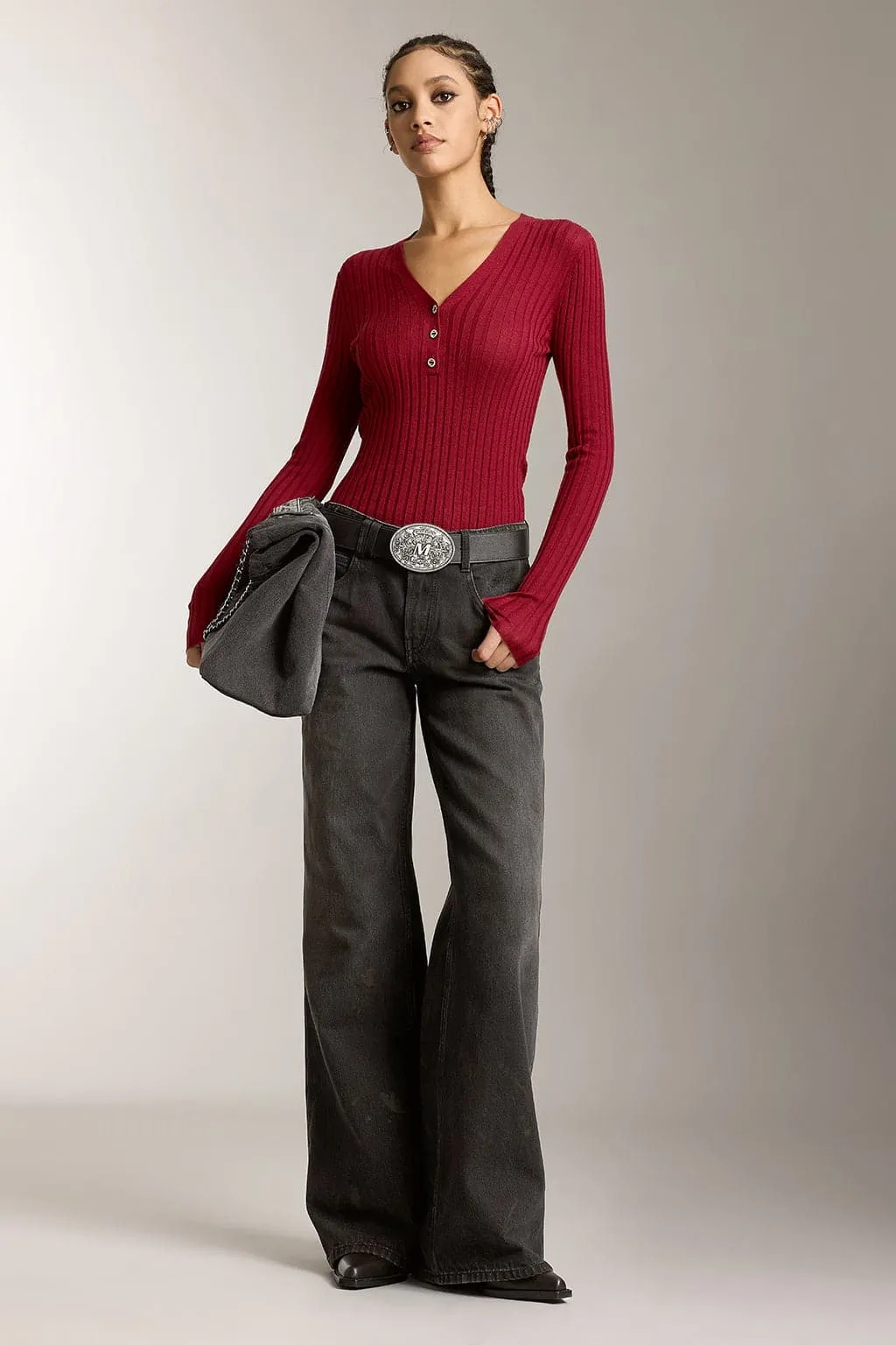 V-Neck Wool Knit Top With Crystal Buttons