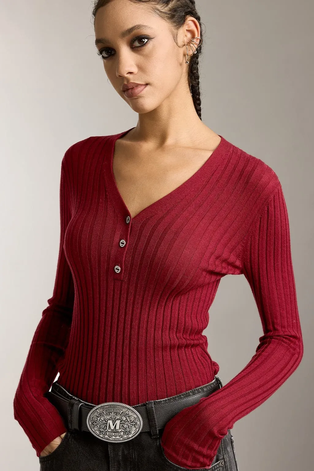 V-Neck Wool Knit Top With Crystal Buttons