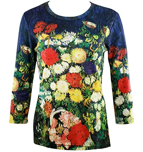 Van Gogh Bouquet of Flowers, Scoop Neck 3/4 Sleeve Hand Silk-Screened Art Top