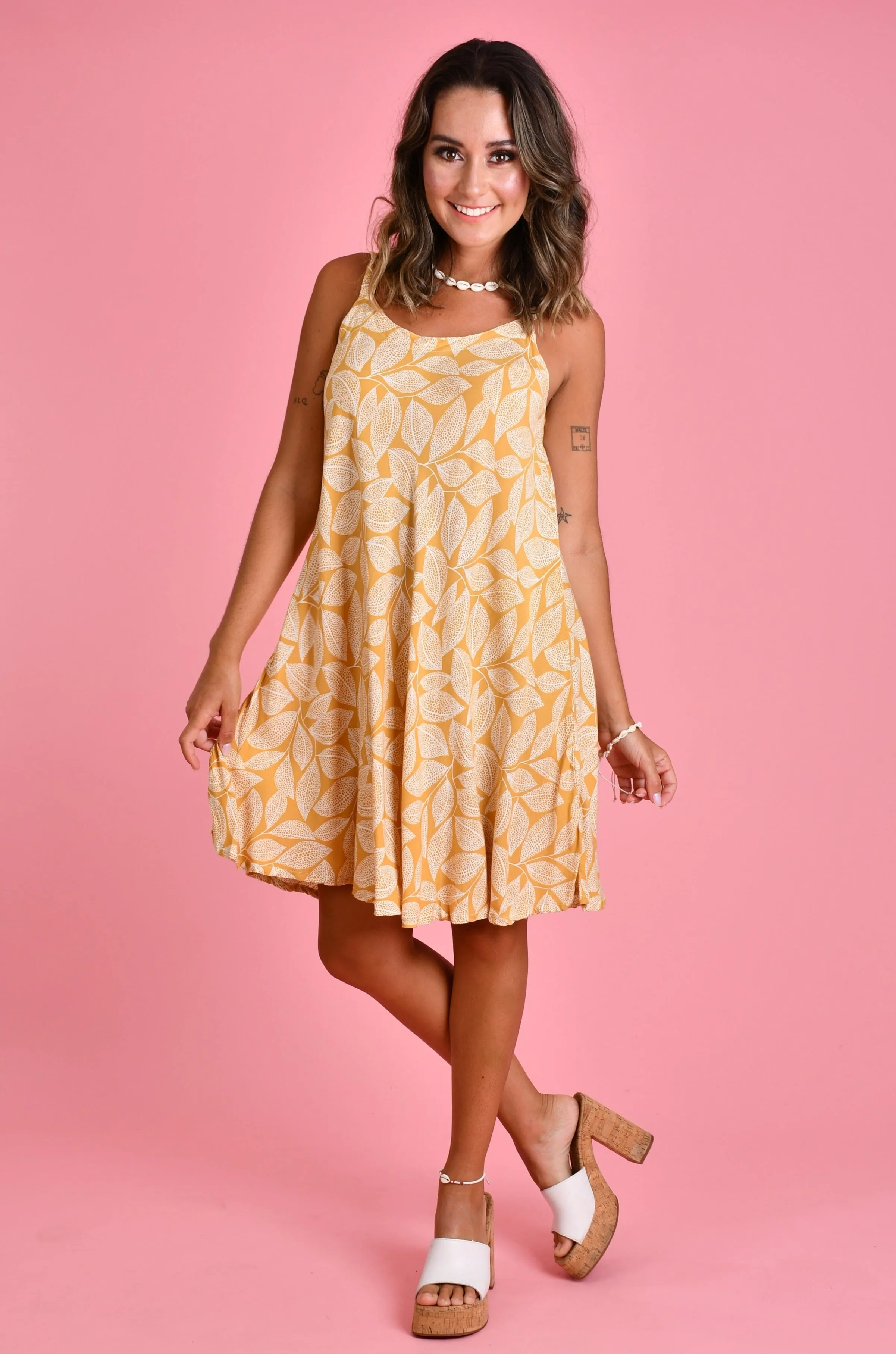 VGLD086 - MARGOT WIDE STRAP DRESS - SPOTTED LEAF MUSTARD