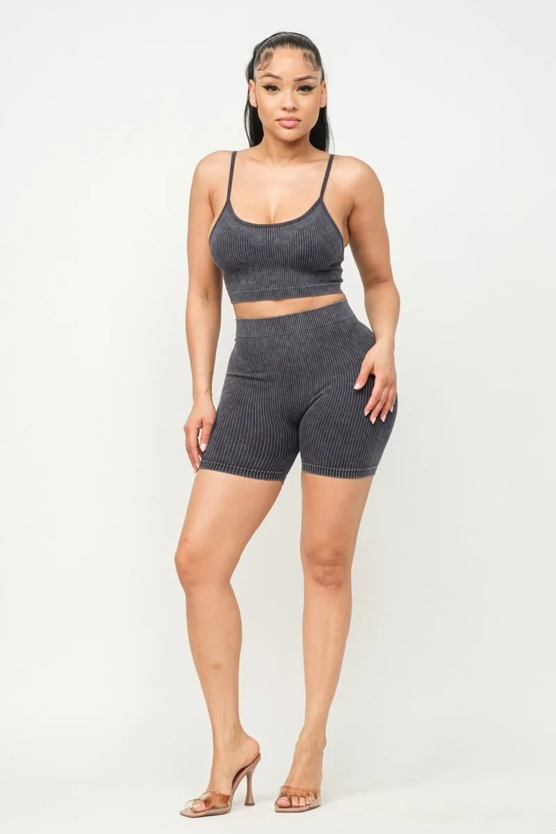 Washed Seamless Basic Tank Top And Shorts Set