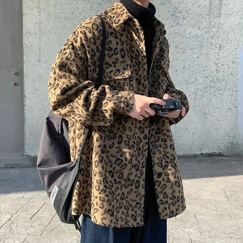 Wiaofellas  -  Winter Woolen Coat Men Warm Retro Leopard Print Jacket Men Streetwear Hip-hop Loose Short Woolen Coat Mens Thicken Jackets