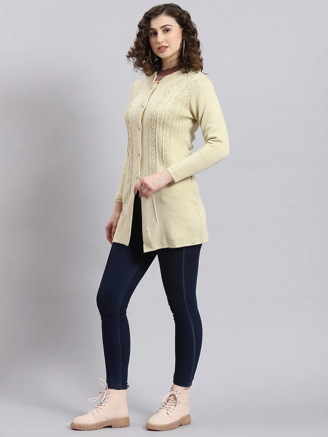 Women Beige Self Design Mandarin Collar Full Sleeve Coat