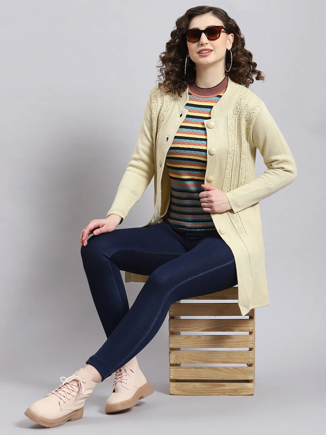 Women Beige Self Design Mandarin Collar Full Sleeve Coat