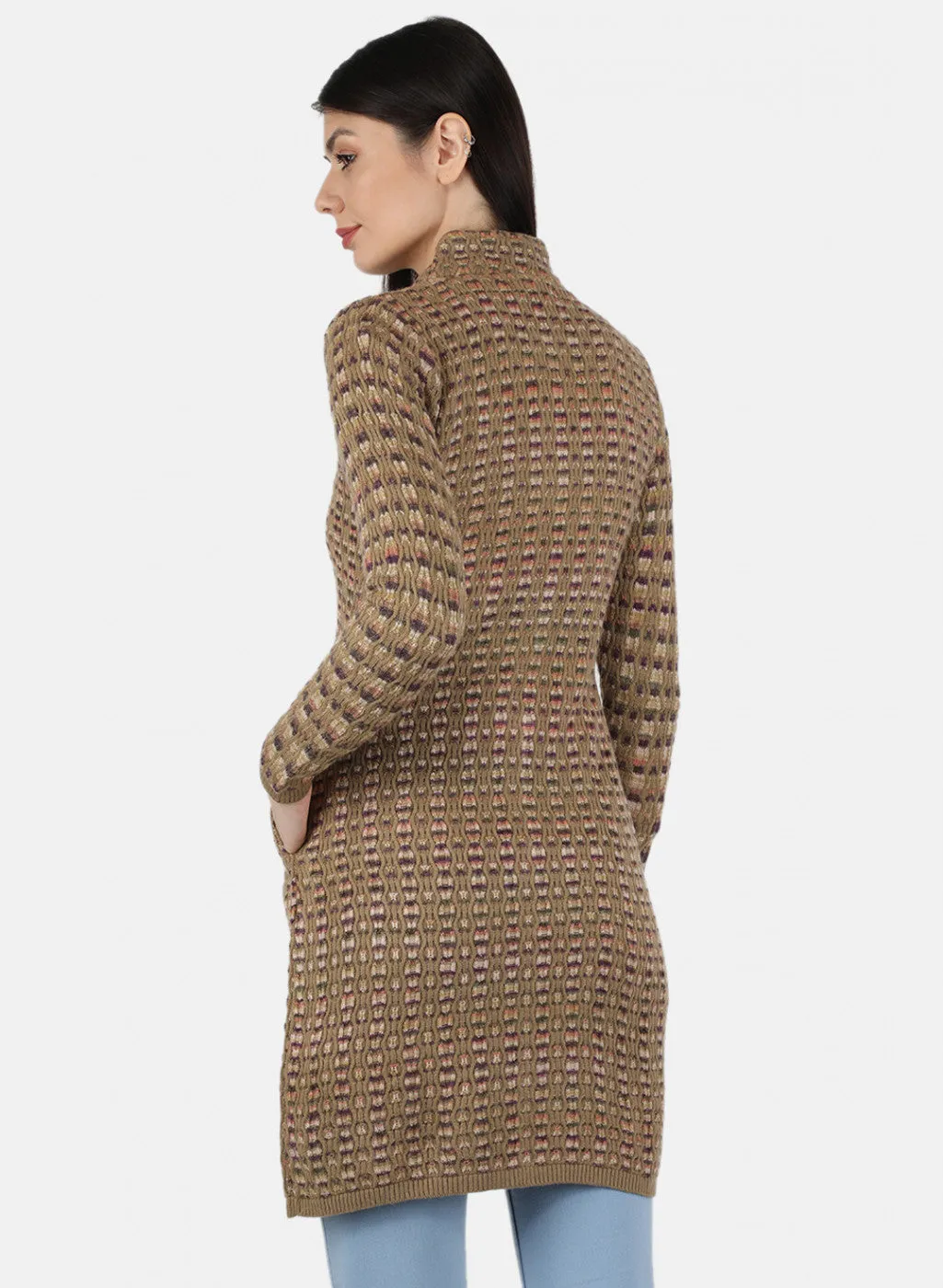 Women Brown Self Design Coat