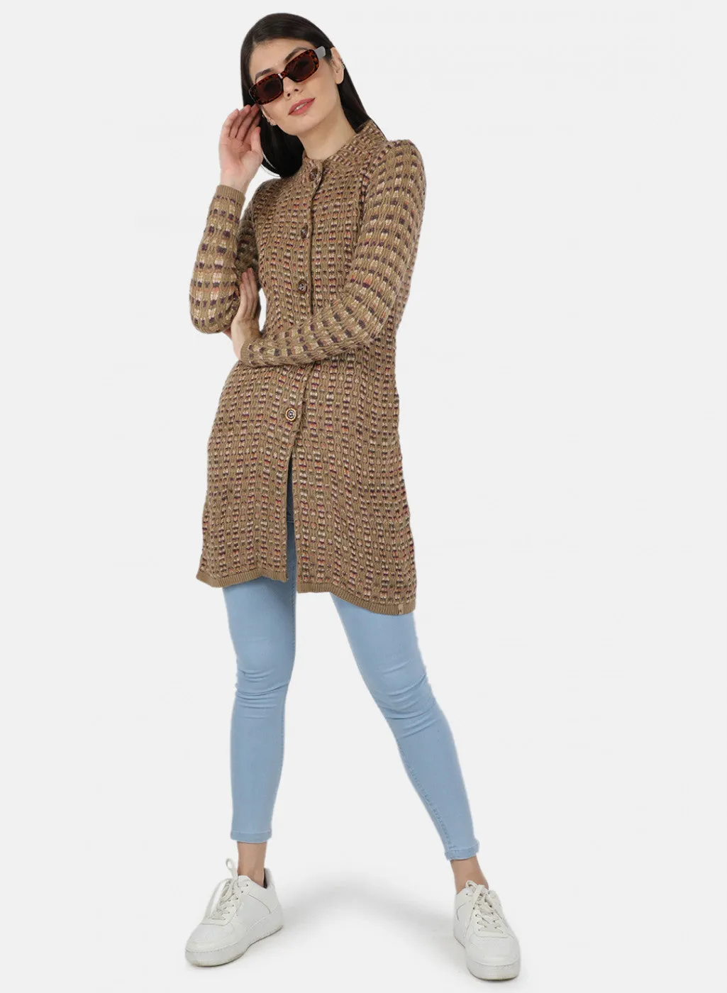 Women Brown Self Design Coat