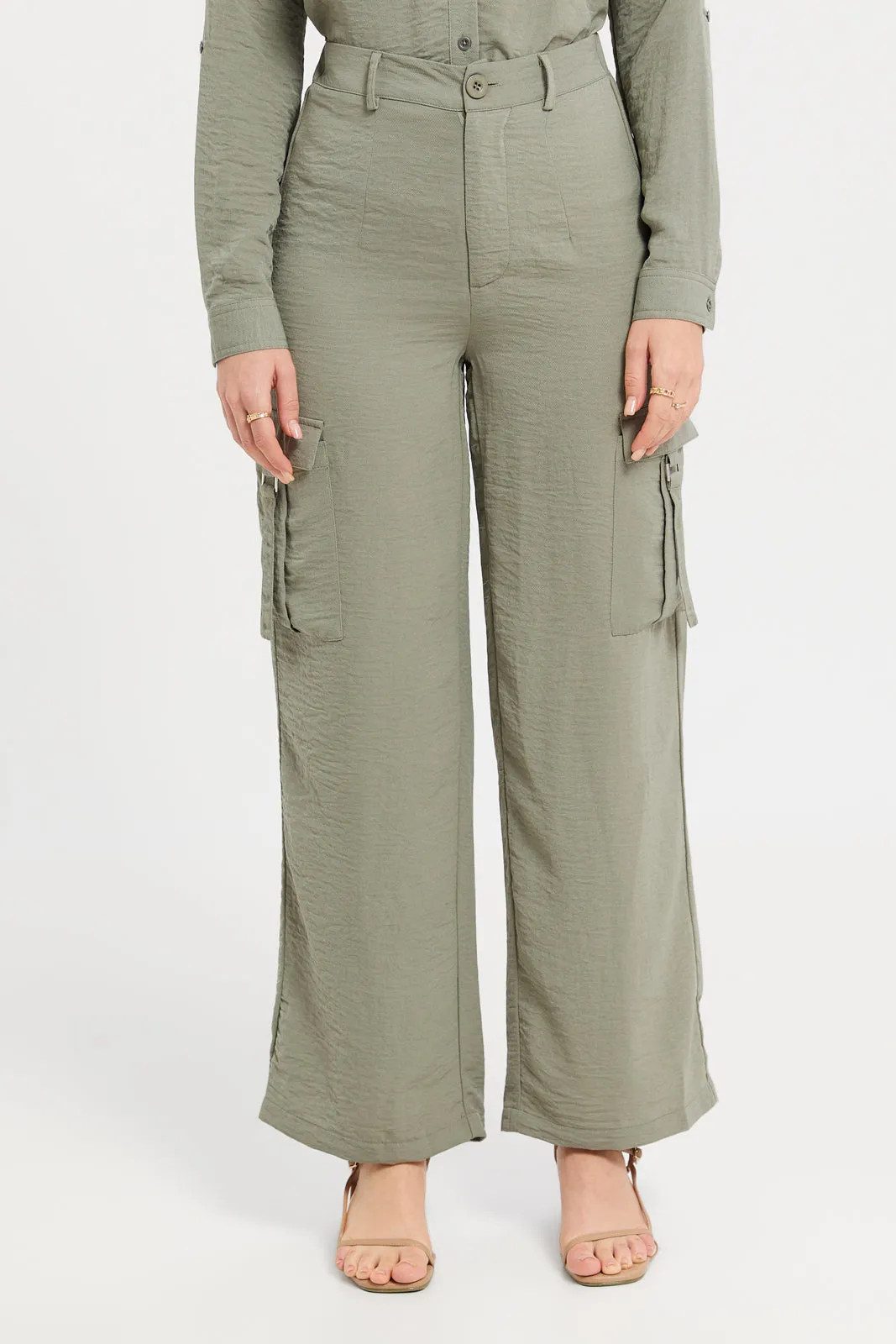 Women Green Cargo Wide Leg Trouser