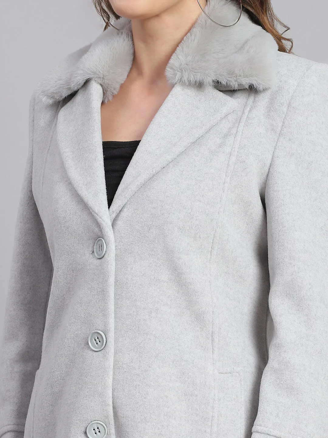 Women Grey Solid Lapel Collar Full Sleeve Coats