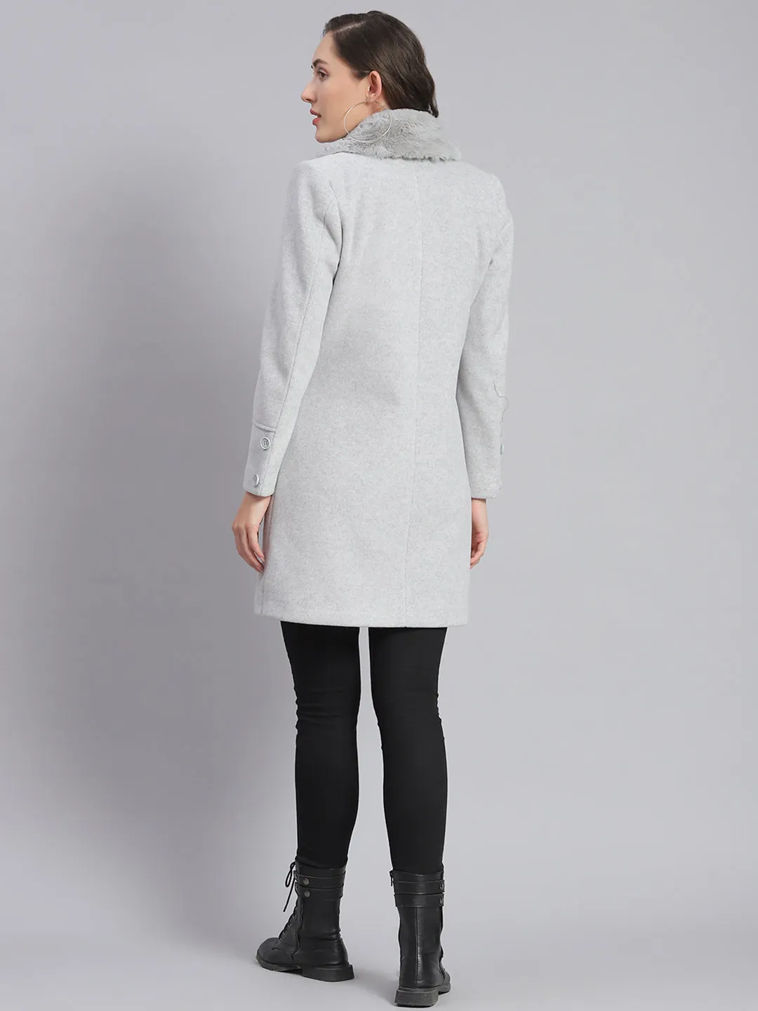 Women Grey Solid Lapel Collar Full Sleeve Coats