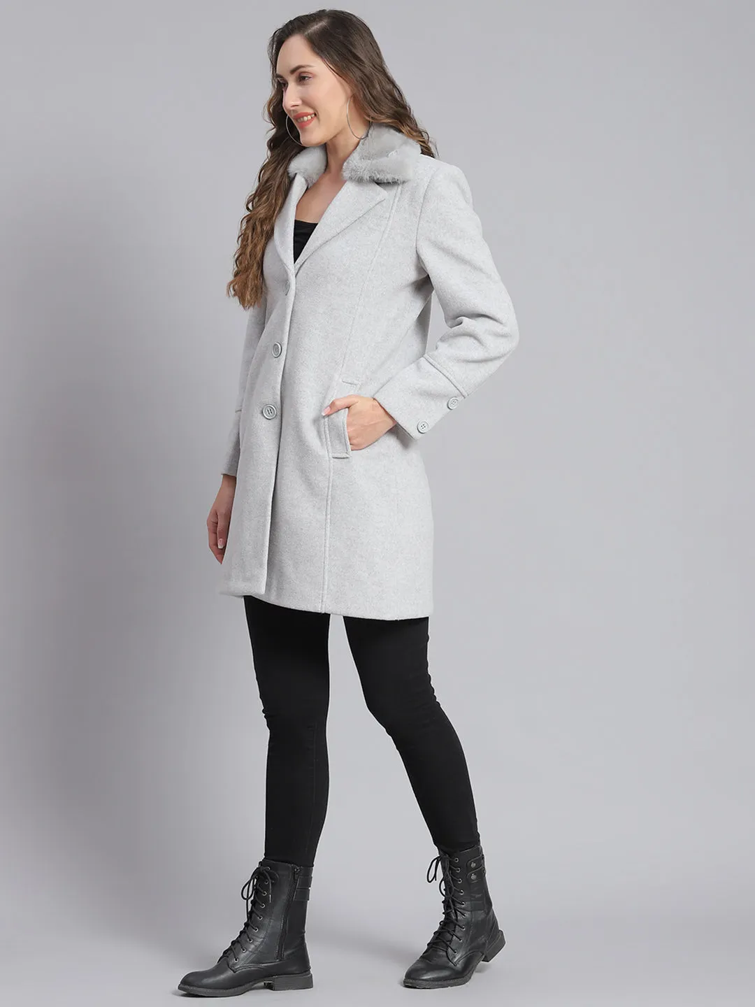 Women Grey Solid Lapel Collar Full Sleeve Coats