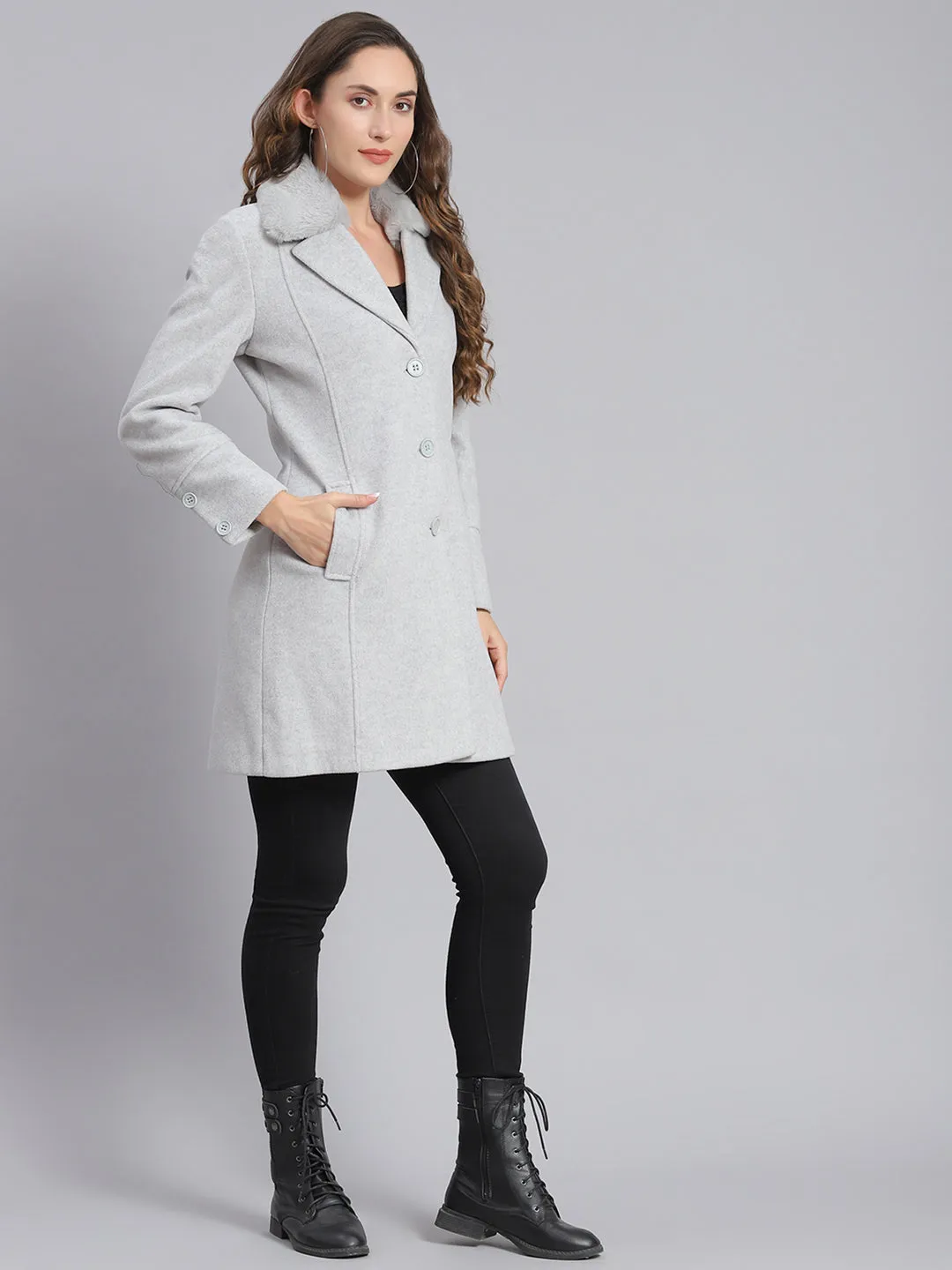 Women Grey Solid Lapel Collar Full Sleeve Coats