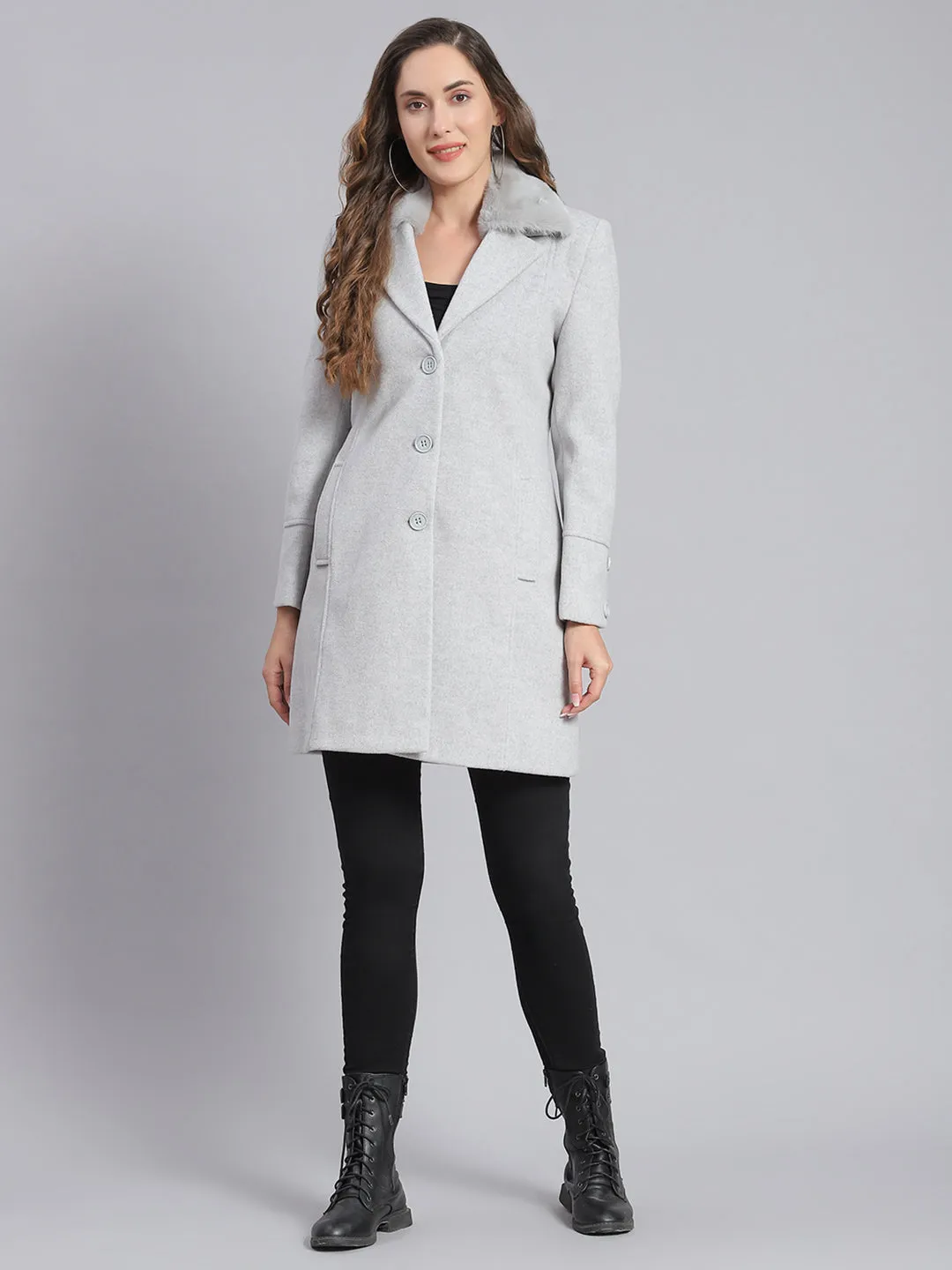 Women Grey Solid Lapel Collar Full Sleeve Coats