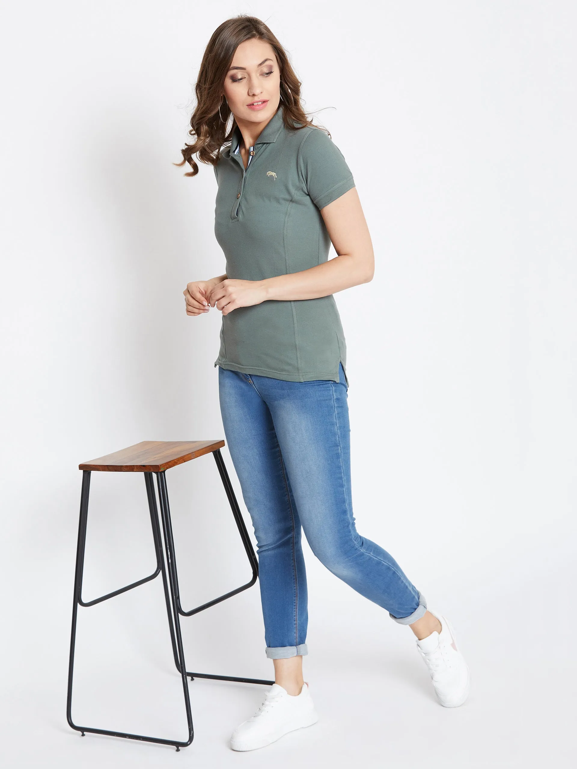 Women Grey Solid Polo Neck T-shirt