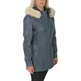 Womens Duffle Leather Coat Detachable Hood 3/4 Long Parka Jacket Mila Sky Blue