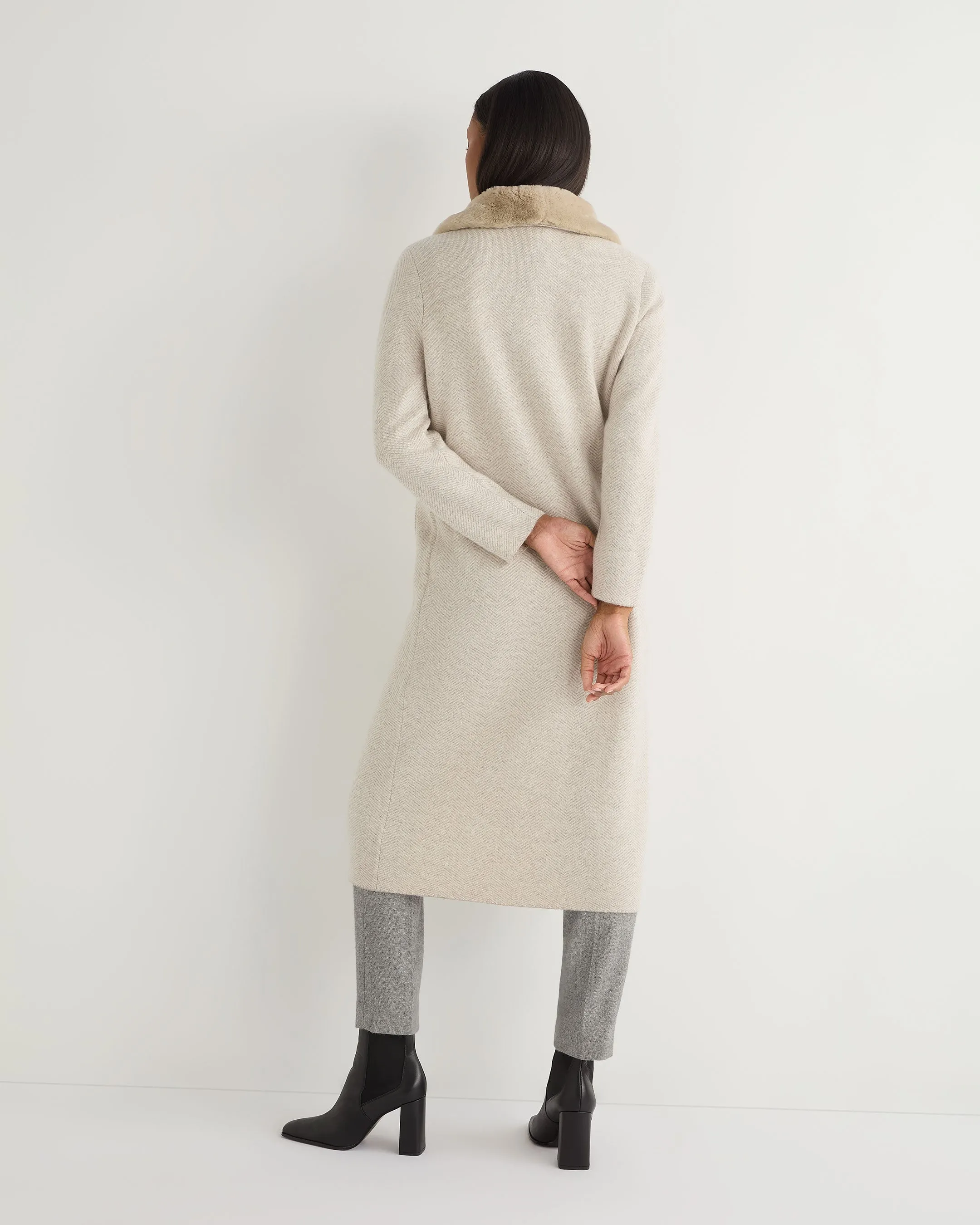 Women's Herringbone Cashmere Coat With Fur Trim Sand Brown