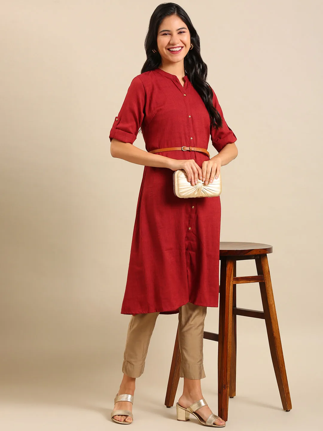 Women's Maroon Solid Straight Kurta