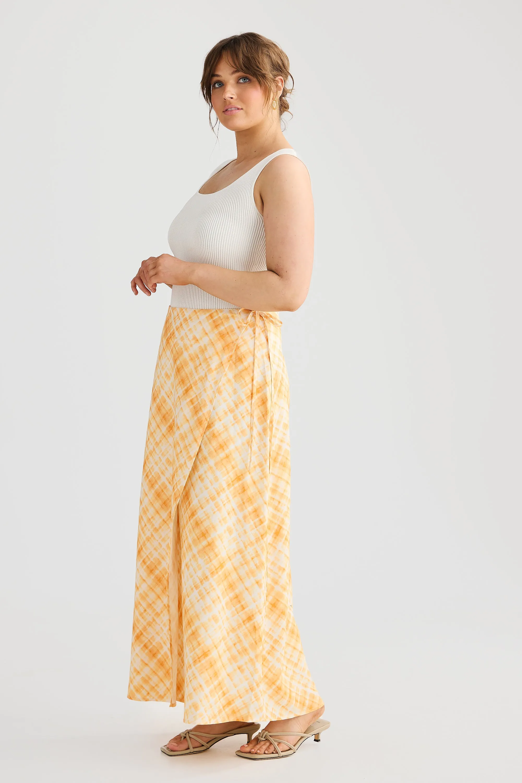 Wrap Midi Skirt - Tangerine Check