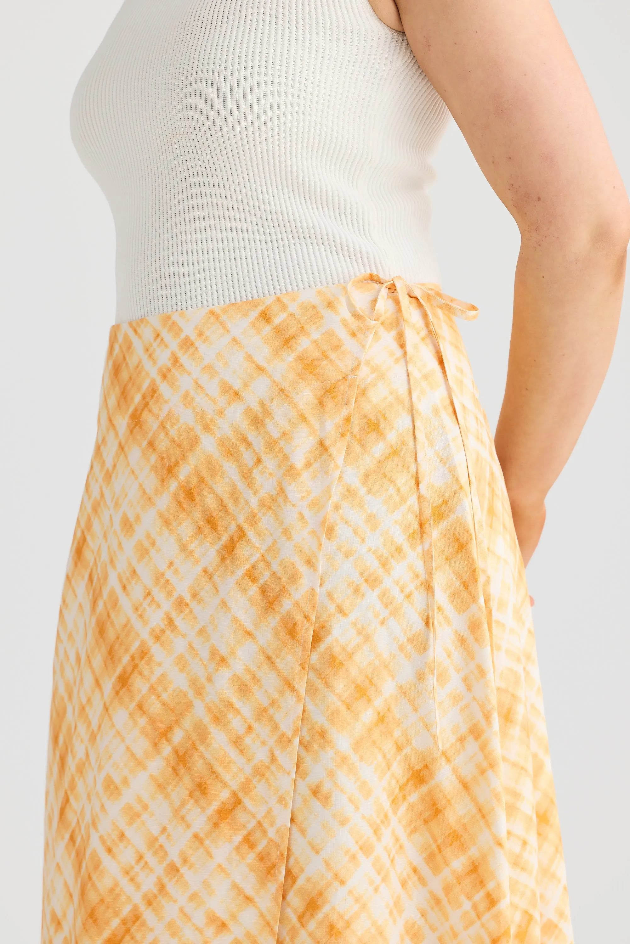 Wrap Midi Skirt - Tangerine Check