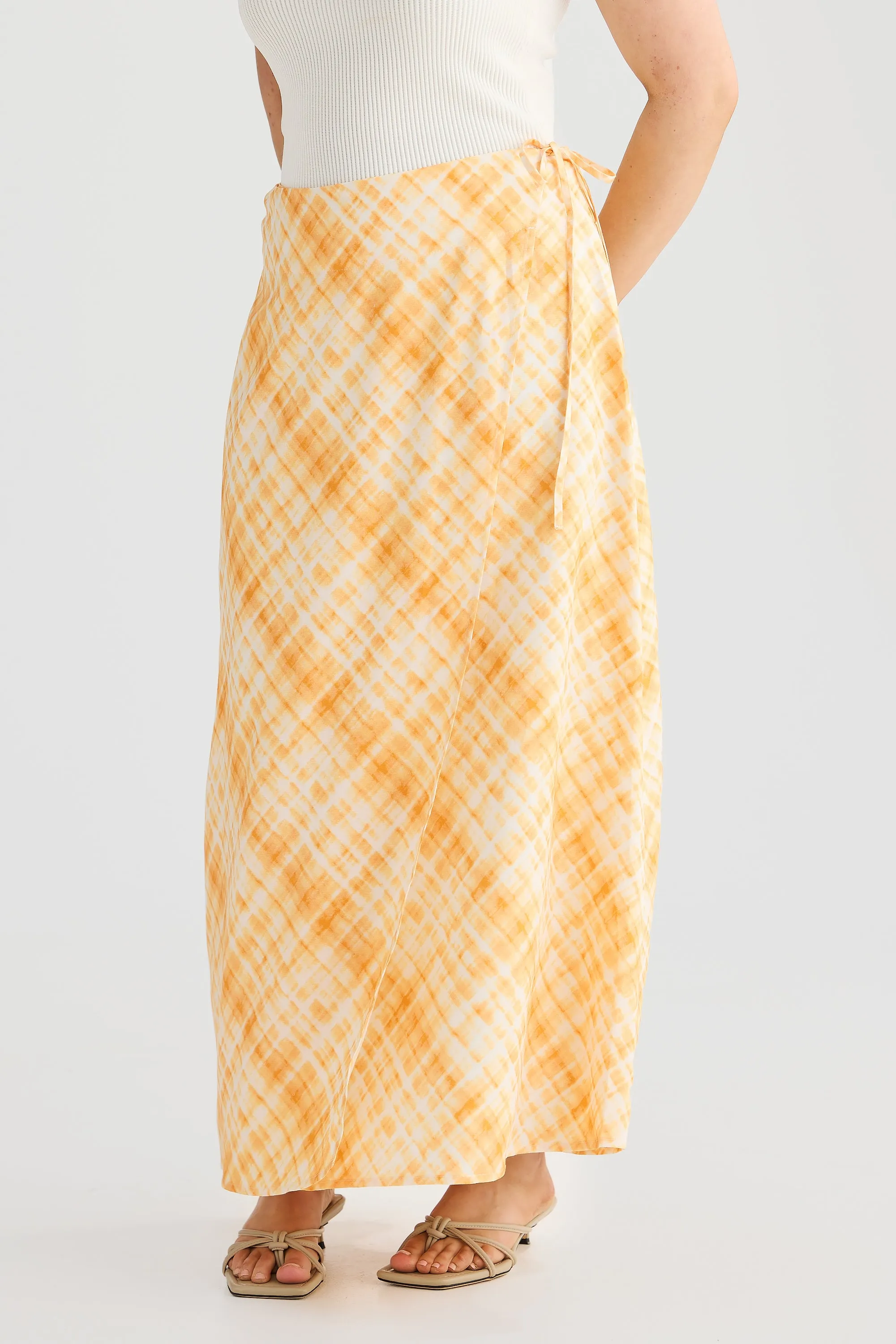 Wrap Midi Skirt - Tangerine Check