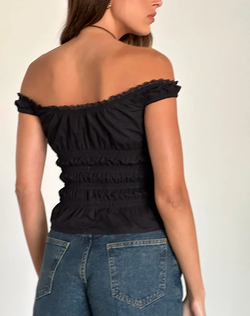 Xavinia Shirred Bardot Top in Black Poplin